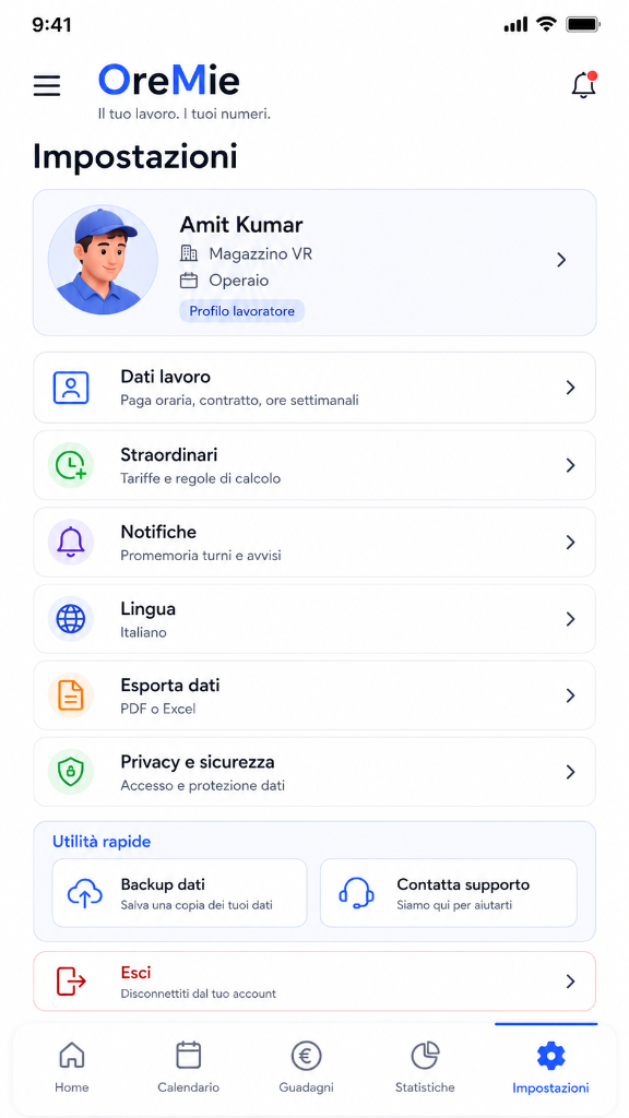 OreMie settings and worker profile screen